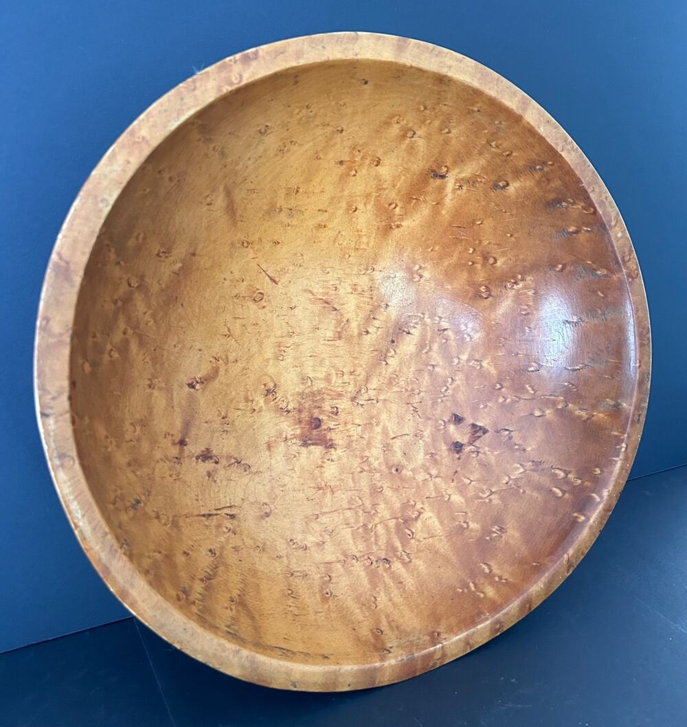 Antique Birdseye Maple Hand Turned 13 1/2" Wood Bowl Vintage Handmade Primitive